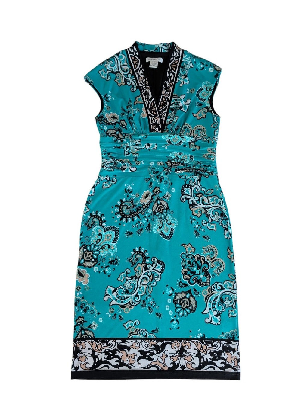 Liz Claiborne Paisley Floral Ruched Dress 6 Teal Blue Black